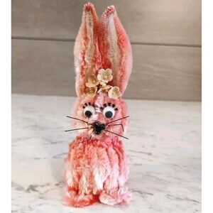 Vintage Chenille Pipe Cleaner Easter Bunny Rabbit On Foam With Flowers Spring